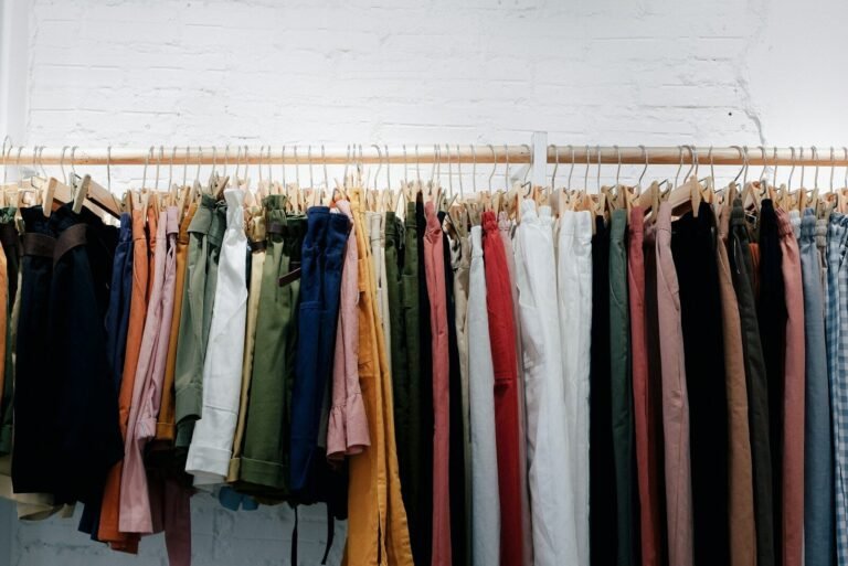 Garments hanging on a clothing rack