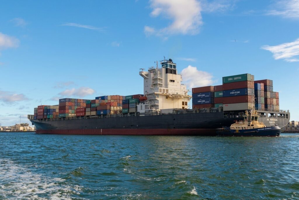 Container ship sailing at sea