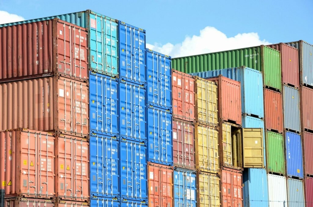 Stacked shipping containers at a port