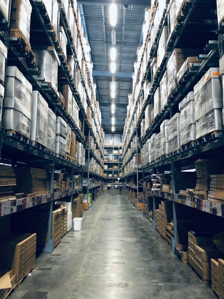 Warehouse shelves with packed goods